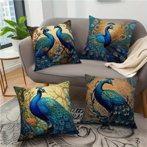 4pcs Peacock Oil painting design Velvet Throw Pillow Covers, 17.7x17.7 inches, contemporary Style, Cushion Case for Sofa, Bed, home Decor