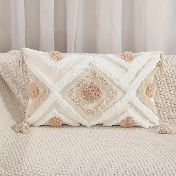 1pc Tufted Boho Beige Throw Pillow Cover With Tassels, Cotton Canvas Three-dimensional Geometry Pillowcase, Farmhouse Tribal Embroidered Pillowcases, Cushion Cover For Couch Sofa Bedroom Living Room, Home Decor, No Pillow Insert