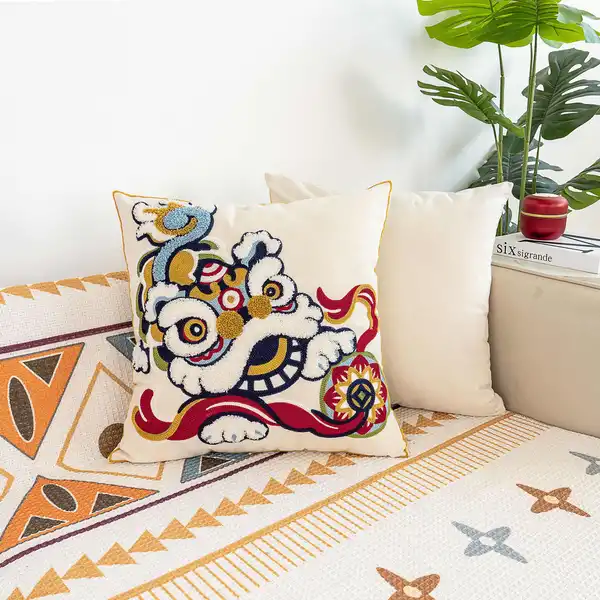 1pc, Chinese New Year Lion Dance Pattern Polyester Cushion Cover, Pillow Cover, Bedroom Decor, Sofa Decor, Collectible Buildings Accessories (Cushion Is Not Included)