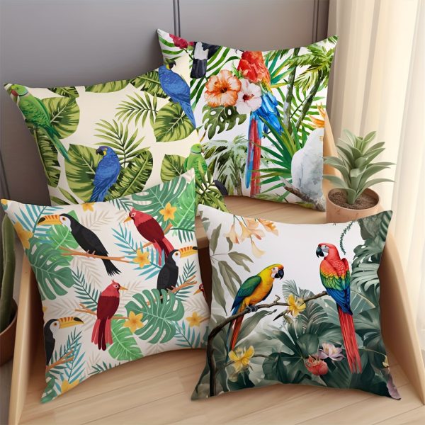 4pcs 45x45cm Illustration Tropical Rainforest Parrot Peach Fleece Throw Pillow Four-piece Car Cushion Cover Living Room Sofa Bedroom Throw Pillow Bedside Back Rest Pillow Cover Home Decor Throw Pillow Without Inner Core Single-sided Print