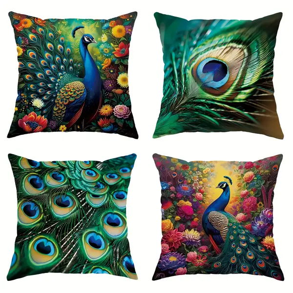 4pcs, Peacock Feather Animal Floral Botanical Green Emerald Green Polyester Throw Pillow Covers, Elegant Pillow Covers, Decorative Cushion Covers 45??45Cm F18 