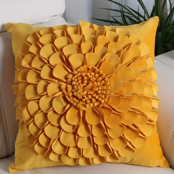 Handcrafted 3D Sunflower Velvet Throw Pillow Cover, French Style Square Cushion Case For Living Room & Bedroom Decor - Yellow, Machine Washable, Zip Closure, Fits Various Rooms