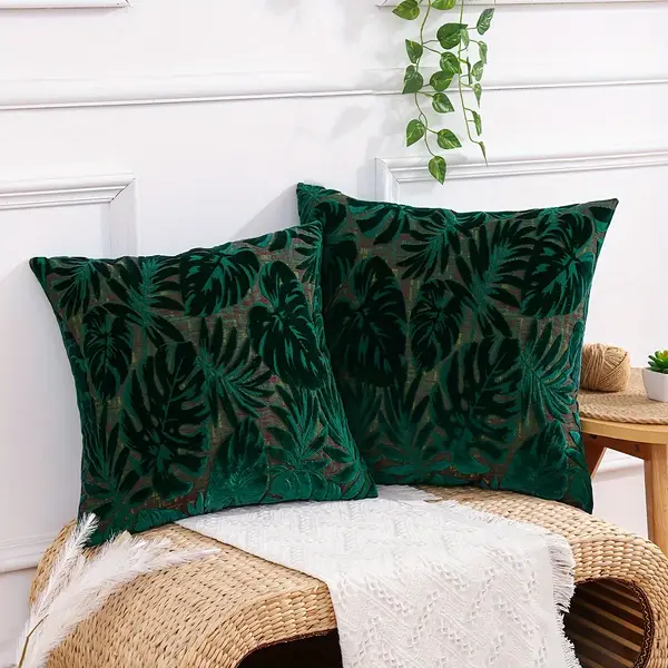 2pcs Green Leaf Chenille Jacaquard Cushion Cover Tropical Plants Pillow Covers Home Decoration Throw Pillow Covers With No Insert