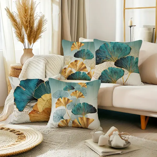 4-Pack Ginkgo Leaves Printed Throw Pillow Covers, 45.72x45.72 cm, Abstract Modern Art Decor, Farmhouse Style, Polyester, Zippered Cushion Cases for Home, Porch, Patio, Couch, Sofa, Living Room, Outdoor Decor, Hand Wash Only