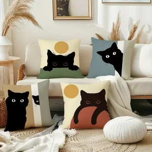 4-Pack Contemporary Cat Cartoon Decorative Throw Pillow Covers, Linen Blend Zippered Square Cushion Cases, Machine Washable, for Sofa Couch Bed Car, 45.72x45.72 cm - Various Room Types