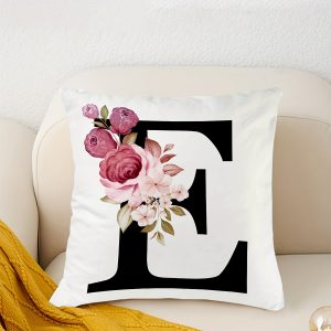 1pc, 26 English Letter Flower Insert Print Throw Pillowcase, Monogram Sofa Cushion Throw Pillow Pillow Cover Home Decor 45.72cm X 45.72cm